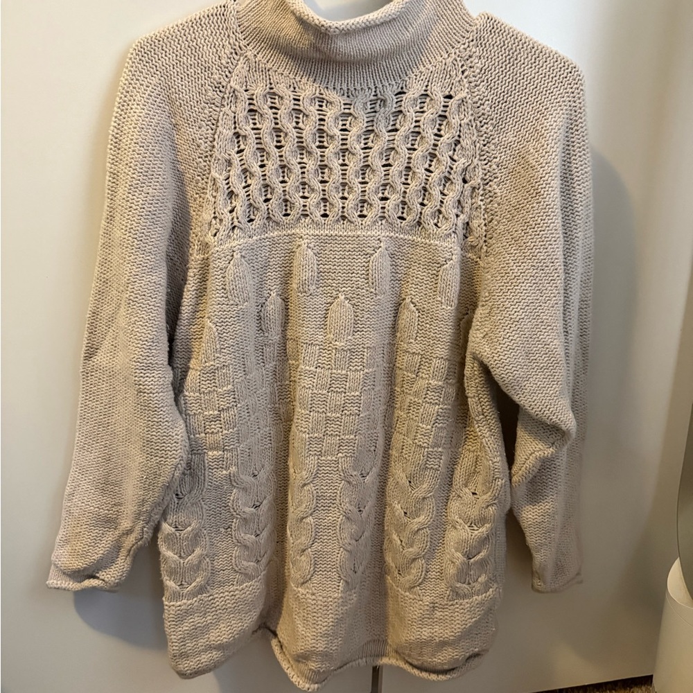 Elegant Beige Cable Knit Turtleneck Sweater